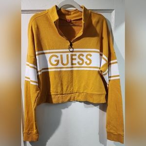 Guess Mustard Yellow & White Cropped Quarter-Zip Pullover size:L
